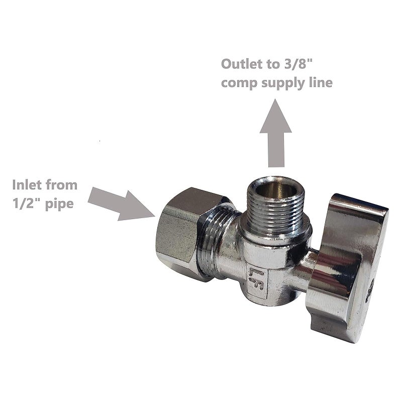 Miiflex Heavy Duty Chrome Plated Brass 1/4 Turn Angle Stop Valve 1/2" NOM (5/8" OD) COMP x 3/8" COMP Less Ferrule and Nut [10 Pack] - Image 5